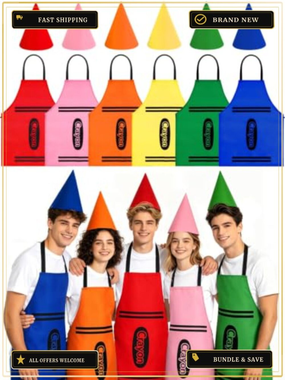 6 Pack Crayon Apron & Cone Hat Costume Set Adult Group Halloween